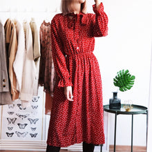 Load image into Gallery viewer, Women Print Chiffon Dress Casual Female Elastic Wasit Keen Length Dress Vintage Ruffles Long Sleeve Chic Button Ladies Dress