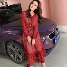 Load image into Gallery viewer, Women Print Chiffon Dress Casual Female Elastic Wasit Keen Length Dress Vintage Ruffles Long Sleeve Chic Button Ladies Dress