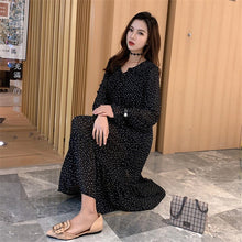 Load image into Gallery viewer, Women Print Chiffon Dress Casual Female Elastic Wasit Keen Length Dress Vintage Ruffles Long Sleeve Chic Button Ladies Dress