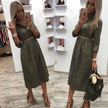 Load image into Gallery viewer, Women Vintage Front Button Sashes Party Dress Three Quarter Sleeve Turn Down Collar Solid Dress 2019 Autumn New Fashion Dress