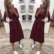 Load image into Gallery viewer, Women Vintage Front Button Sashes Party Dress Three Quarter Sleeve Turn Down Collar Solid Dress 2019 Autumn New Fashion Dress