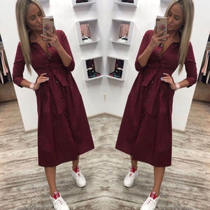 Women Vintage Front Button Sashes Party Dress Three Quarter Sleeve Turn Down Collar Solid Dress 2019 Autumn New Fashion Dress