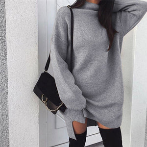 Fashion Hot Sale Knitted Pullover Loose Mini Dress Winter Spring Autumn Women Sweatshirt Turtleneck Long Sleeve Jumper Dress