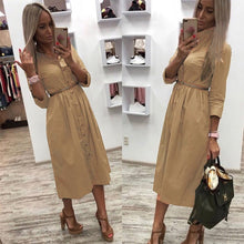 Load image into Gallery viewer, Women Vintage Front Button Sashes Party Dress Three Quarter Sleeve Turn Down Collar Solid Dress 2019 Autumn New Fashion Dress