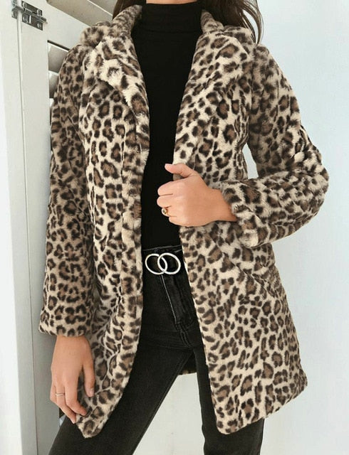 2019 Winter Coat Women Jacket Faux Fur Outwear Warm Fleece Coat Animal Print Streetwear Women Cardigan Leopard Outwears