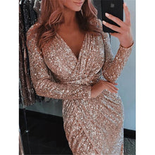 Load image into Gallery viewer, Hot Sale Women Sequin V Neck Wrap Dress 2019 New Long Sleeve Asymmetry Dresses Ladies Bodycon Evening Party Dress Female Vestido