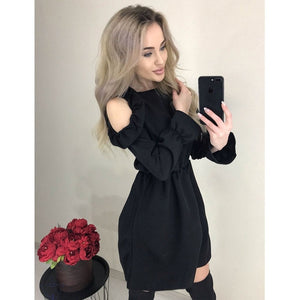 2019 Autumn Women Solid Ruffle Mini Dress Sexy Off Shoulder Long Sleeve Elastic Waist Dress Women Casual A Line Party Dresses