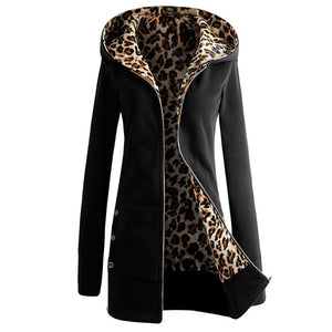 Women Plus Winter Thicker Hooded Coats Overcoat Outwear Female Korean Style Pocket Jacket Autumn Leopard Zipper Hoodes Coat