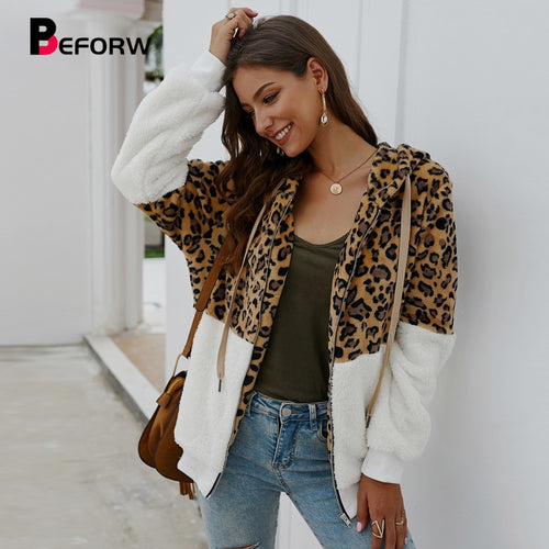 BEFORW 2019 Fashion Leopard Corduroy Jacket Coat Women Vintage Zipper Hooded Long Sleeve Winter Thick Jackets Streetwear Coats