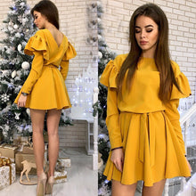 Load image into Gallery viewer, Women Sexy Sashes Ruffles A-line Party Dress Butterfly Sleeve O-Neck Solid Dress 2019 New Fashion Casual Mini Women Dresses