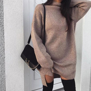 Solid Color Loose Knitted Sweater Dress Women High Neck Long Sleeve Dresses