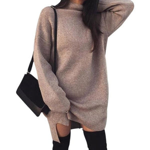 Solid Color Loose Knitted Sweater Dress Women High Neck Long Sleeve Dresses