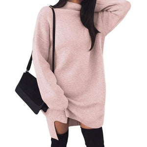 Solid Color Loose Knitted Sweater Dress Women High Neck Long Sleeve Dresses