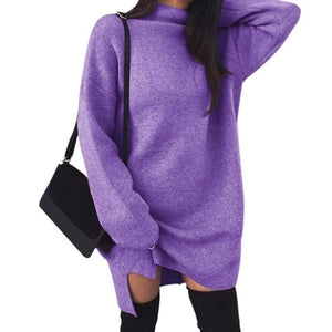 Solid Color Loose Knitted Sweater Dress Women High Neck Long Sleeve Dresses