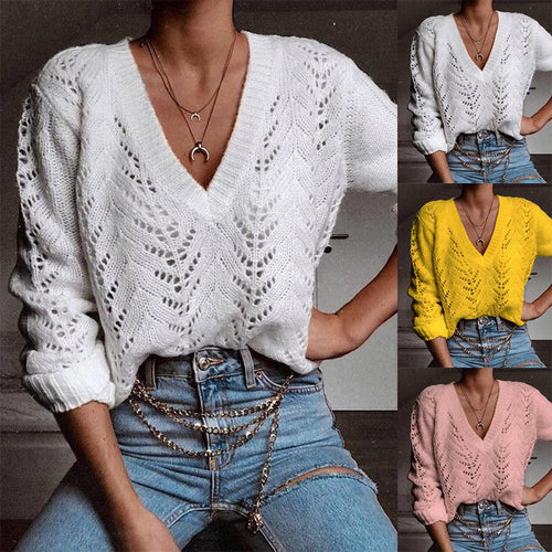 Women's V-Neck Hollow Out Solid Sweater Pullover Long Sleeve Sexy Casual Autumn Pullovers Swearters 2019 Fashion Ladies Clothing