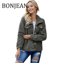 Load image into Gallery viewer, BONJEAN 2019 Winter Coats and Outerwear Single Breasted Fleece Jacket for Women Turn-Down Collar Gray Winter Jacket BJ1592