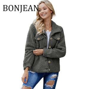 BONJEAN 2019 Winter Coats and Outerwear Single Breasted Fleece Jacket for Women Turn-Down Collar Gray Winter Jacket BJ1592