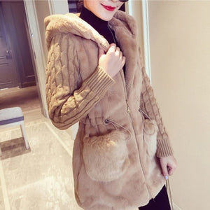 New Fashion Women Hooded Winter Warm Jacket Loose Knitted Plush Jacket Winter Thick Outerwear Coat Ladies Casual Coats Pocket