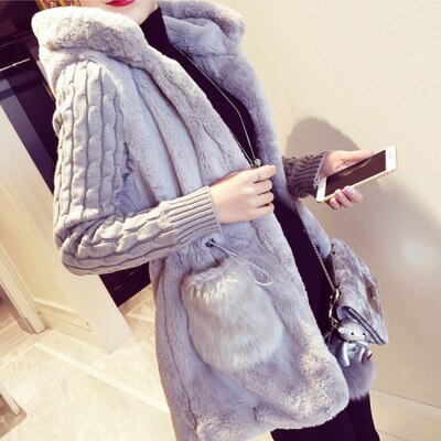 New Fashion Women Hooded Winter Warm Jacket Loose Knitted Plush Jacket Winter Thick Outerwear Coat Ladies Casual Coats Pocket