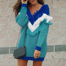 Load image into Gallery viewer, Deep V-Neck Tassels Knitted Sweater Women Fashion Loose Patckwork Pullovers Jumpers Long Sleeve pull femme hiver Swearter Dress