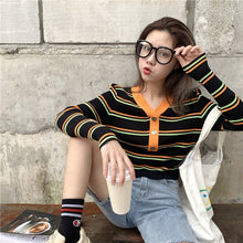 Load image into Gallery viewer, Autumn And Winter New Fashion Women Swearter Contrast Color V-neck Striped Short Long-sleeved Sweater Slim Button Knit Tops Y