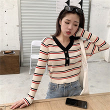 Load image into Gallery viewer, Autumn And Winter New Fashion Women Swearter Contrast Color V-neck Striped Short Long-sleeved Sweater Slim Button Knit Tops Y