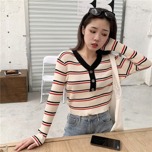 Autumn And Winter New Fashion Women Swearter Contrast Color V-neck Striped Short Long-sleeved Sweater Slim Button Knit Tops Y