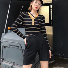 Load image into Gallery viewer, Autumn And Winter New Fashion Women Swearter Contrast Color V-neck Striped Short Long-sleeved Sweater Slim Button Knit Tops Y