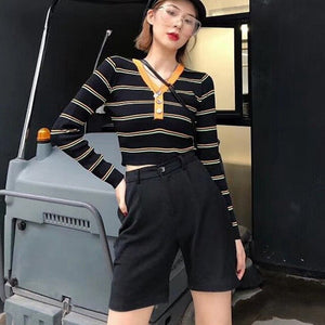 Autumn And Winter New Fashion Women Swearter Contrast Color V-neck Striped Short Long-sleeved Sweater Slim Button Knit Tops Y