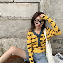 Load image into Gallery viewer, Autumn And Winter New Fashion Women Swearter Contrast Color V-neck Striped Short Long-sleeved Sweater Slim Button Knit Tops Y