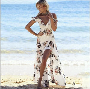 Floral print ruffles long dress Women strap v neck split beach summer Dresses Off the shoulder vestidos