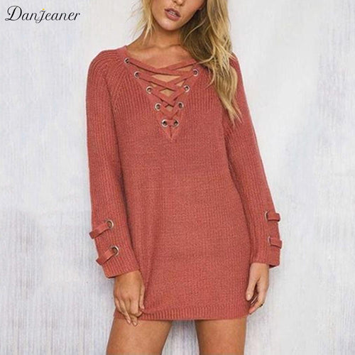 Danjeaner Autumn Winter Women Warm Solid Slim Long Swearters Drawstring Chest V-neck Knitted Pullover Long Sleeve Jumper Tops