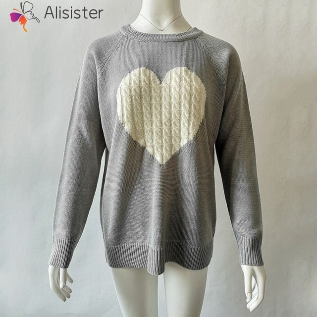 Heart Printed Sweaters Women Autumn Winter Long Sleeve O-neck Knitting Sweater Female Knitted Swearter Patchwork Casual Pullover