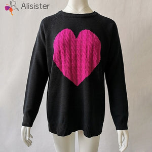 Heart Printed Sweaters Women Autumn Winter Long Sleeve O-neck Knitting Sweater Female Knitted Swearter Patchwork Casual Pullover