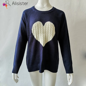 Heart Printed Sweaters Women Autumn Winter Long Sleeve O-neck Knitting Sweater Female Knitted Swearter Patchwork Casual Pullover