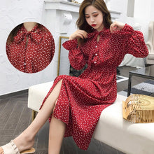 Load image into Gallery viewer, Women Print Chiffon Dress Casual Female Elastic Wasit Keen Length Dress Vintage Ruffles Long Sleeve Chic Button Ladies Dress