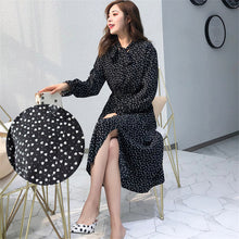 Load image into Gallery viewer, Women Print Chiffon Dress Casual Female Elastic Wasit Keen Length Dress Vintage Ruffles Long Sleeve Chic Button Ladies Dress